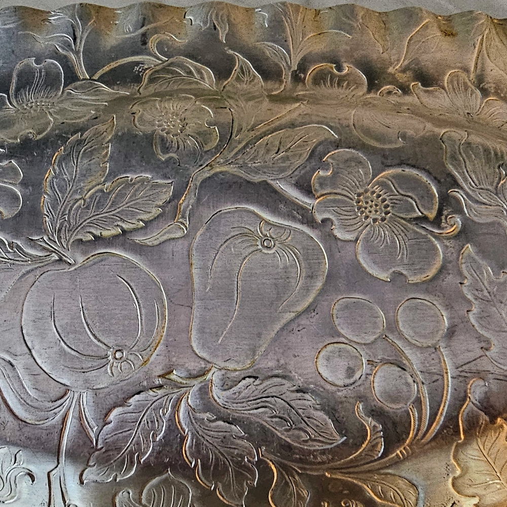 Hammered Aluminum Rectangular Serving Tray with Handles and Floral Design - Picture 8 of 8